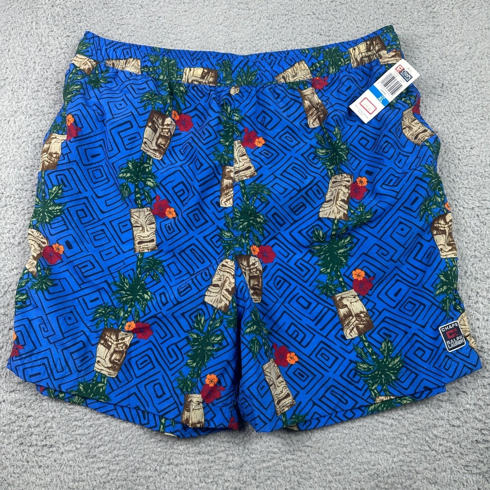 Chaps Ralph Lauren‎ Vintage Tiki Totem Swim Trunks Mens XL Blue Deadstock NEW